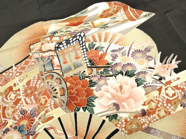 平和屋着物■豪華黒留袖　扇面御所車花文　金彩　正絹　逸品　DABF9300qa