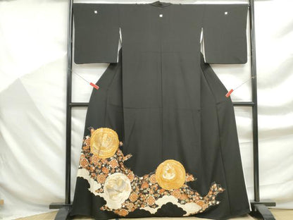 平和屋着物■豪華黒留袖　駒刺繍　孔雀花文　金彩　正絹　逸品　DABF9302qa