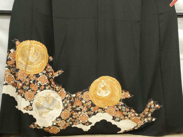平和屋着物■豪華黒留袖　駒刺繍　孔雀花文　金彩　正絹　逸品　DABF9302qa