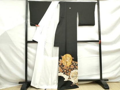 平和屋着物■豪華黒留袖　駒刺繍　孔雀花文　金彩　正絹　逸品　DABF9302qa