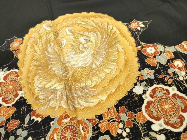 平和屋着物■豪華黒留袖　駒刺繍　孔雀花文　金彩　正絹　逸品　DABF9302qa