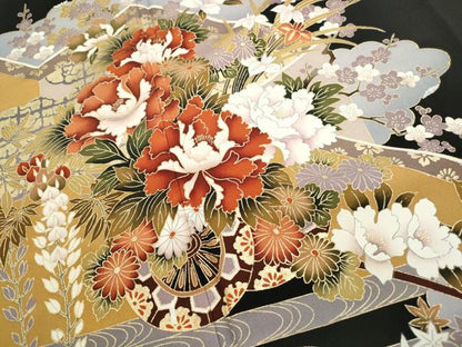 平和屋着物■豪華黒留袖　エ霞花車文　金彩　正絹　逸品　DABF9303qa