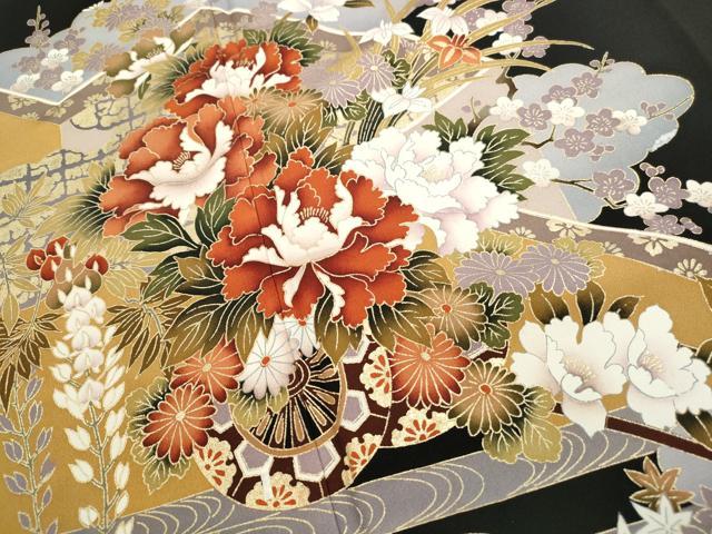 平和屋着物■豪華黒留袖　エ霞花車文　金彩　正絹　逸品　DABF9303qa