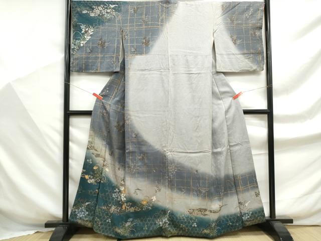 平和屋着物■訪問着　駒刺繍　格子花文　暈し染め　金彩　正絹　逸品　DABF9322qa