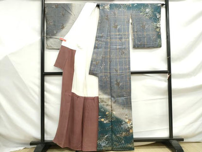 平和屋着物■訪問着　駒刺繍　格子花文　暈し染め　金彩　正絹　逸品　DABF9322qa