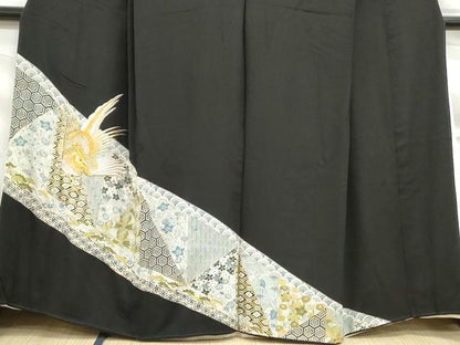 平和屋着物■豪華黒留袖　切嵌花鳥文　金銀糸　金彩　正絹　逸品　DABF9335qa