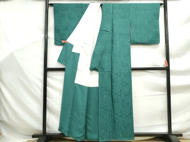 平和屋着物■上質な色無地　亀甲地紋　花緑青色　正絹　逸品　DABF9365qa