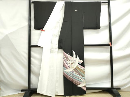 平和屋着物■豪華黒留袖　駒刺繍　流水群れ鶴文　金彩　正絹　逸品　DABF9391qa