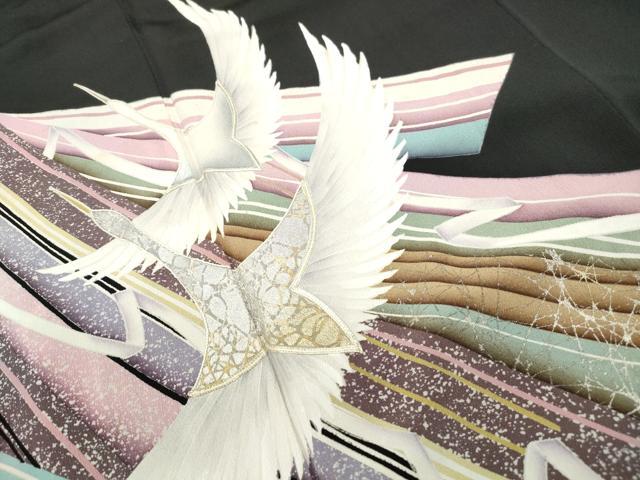 平和屋着物■豪華黒留袖　駒刺繍　流水群れ鶴文　金彩　正絹　逸品　DABF9391qa