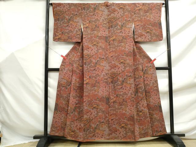 平和屋着物■上質な小紋　風景花文　金彩　鬼しぼ縮緬　正絹　逸品　DABF9407qa