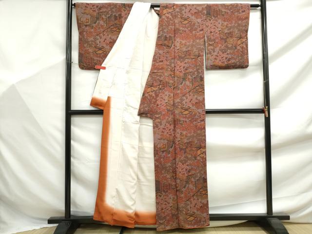 平和屋着物■上質な小紋　風景花文　金彩　鬼しぼ縮緬　正絹　逸品　DABF9407qa