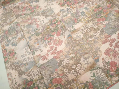 平和屋着物■上質な小紋　風景花蝶文　暈し染め　金銀彩　鬼しぼ縮緬　正絹　逸品　DABF9422qa