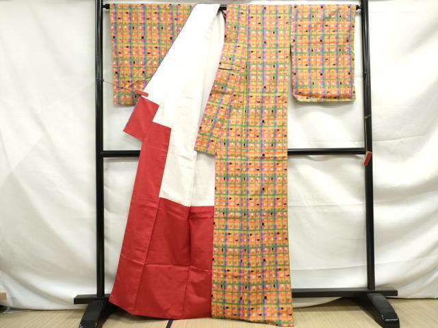 平和屋着物■上質な紬　格子文　正絹　逸品　DABF9463qa