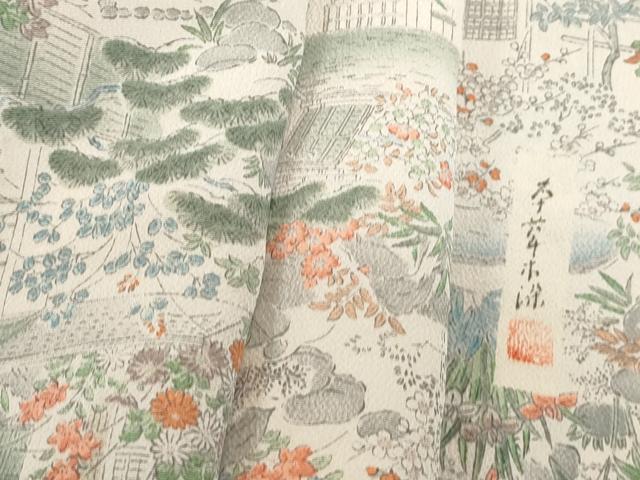 平和屋着物■上質な小紋　作家物　本草木染　風景花文　鬼しぼ縮緬　正絹　逸品　DABF9512qa