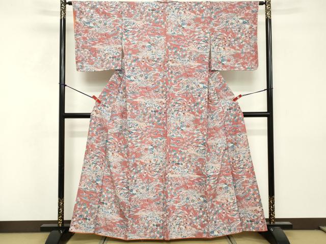 平和屋着物■小紋　型染め　渡橋風景花蝶文　洗える着物　DABF9553cd