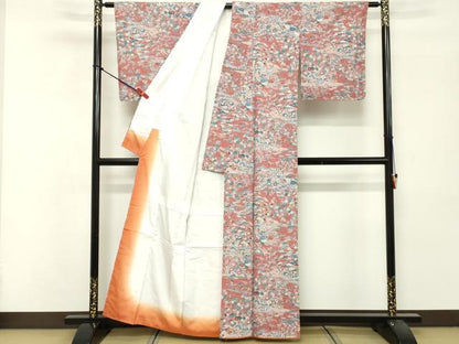 平和屋着物■小紋　型染め　渡橋風景花蝶文　洗える着物　DABF9553cd