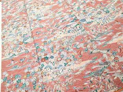 平和屋着物■小紋　型染め　渡橋風景花蝶文　洗える着物　DABF9553cd