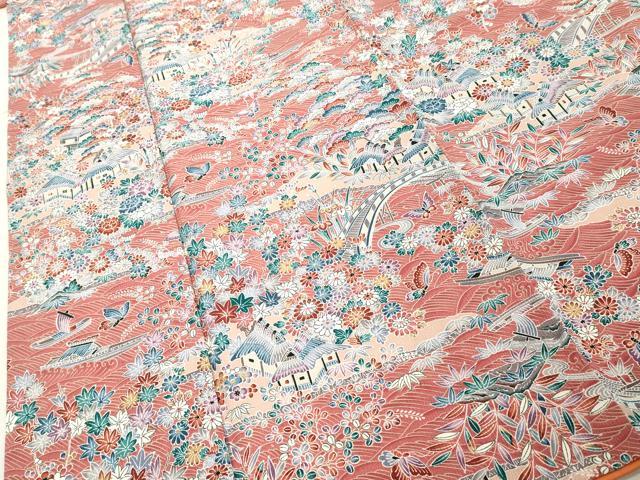 平和屋着物■小紋　型染め　渡橋風景花蝶文　洗える着物　DABF9553cd