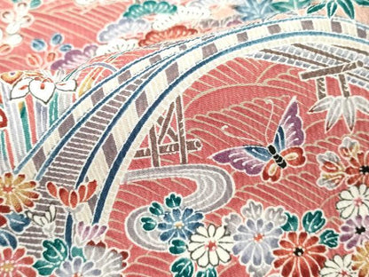平和屋着物■小紋　型染め　渡橋風景花蝶文　洗える着物　DABF9553cd