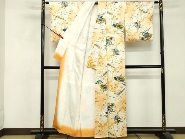 平和屋着物■上質な小紋　手描き　扇面花文　暈し染め　金彩　正絹　逸品　DABF9559cd