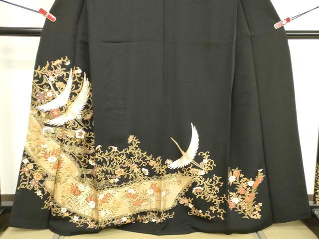 平和屋着物■豪華黒留袖　駒刺繍　飛鶴花文　金彩　正絹　逸品　DABF9613cd