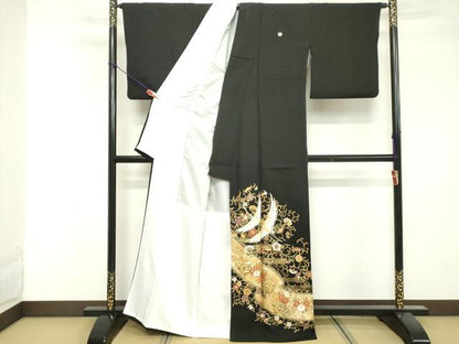 平和屋着物■豪華黒留袖　駒刺繍　飛鶴花文　金彩　正絹　逸品　DABF9613cd