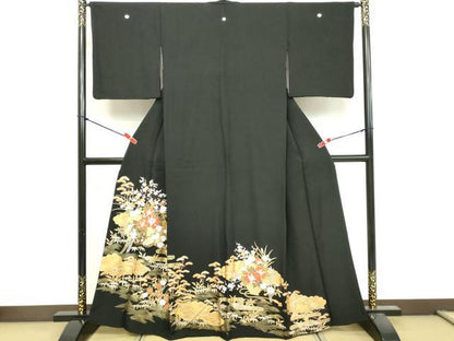 平和屋着物■豪華黒留袖　駒刺繍　花車文　松竹梅　金彩　正絹　逸品　DABF9615cd