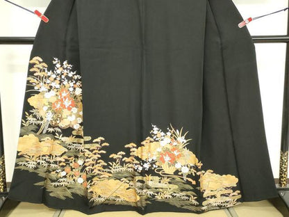 平和屋着物■豪華黒留袖　駒刺繍　花車文　松竹梅　金彩　正絹　逸品　DABF9615cd