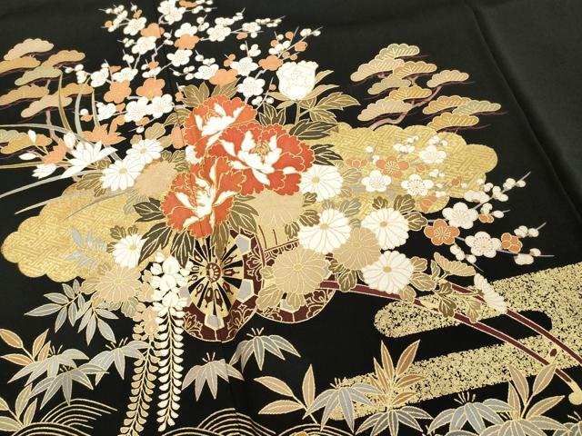 平和屋着物■豪華黒留袖　駒刺繍　花車文　松竹梅　金彩　正絹　逸品　DABF9615cd