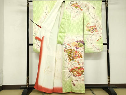 平和屋着物■豪華振袖　駒刺繍　扇面御所車花文　暈し染め　金彩　正絹　逸品　DABF9620cd