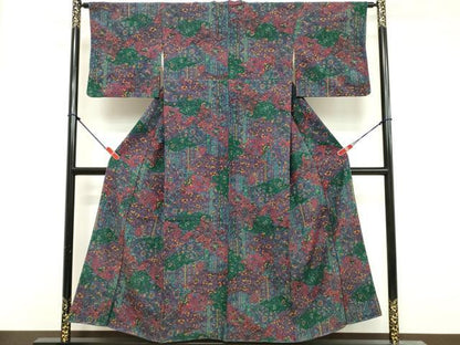 平和屋着物■上質な小紋　紬地　切嵌更紗花文　正絹　逸品　DABF9715cd