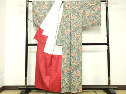 平和屋着物■上質な紬　草花文　正絹　逸品　DABF9718cd