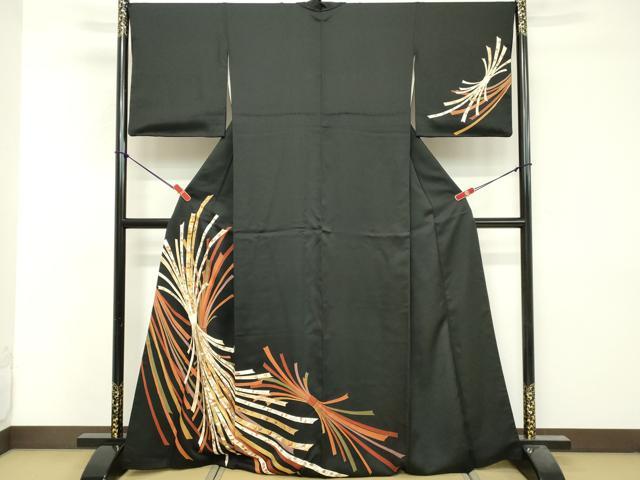 平和屋着物■訪問着　束ね熨斗花文　黒地　金彩　正絹　逸品　DABF9719cd