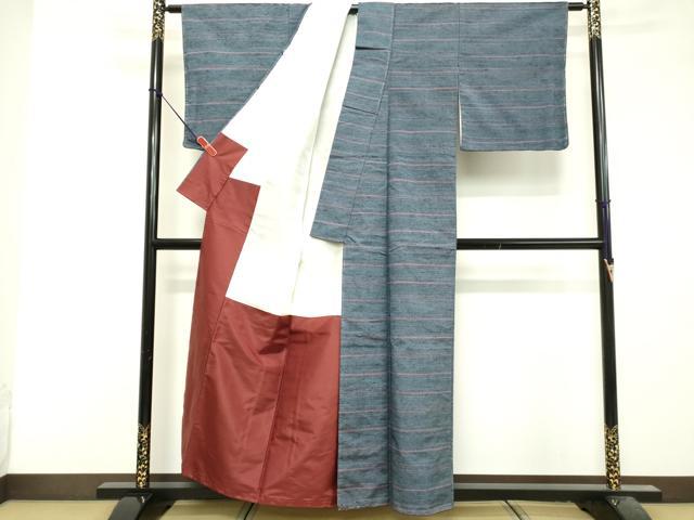 平和屋着物■上質な紬　横段文　正絹　逸品　未使用　DABF9803cd