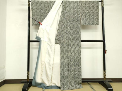 平和屋着物■上質な小紋　型染め　菱花文　黒地　正絹　逸品　DABF9865cd
