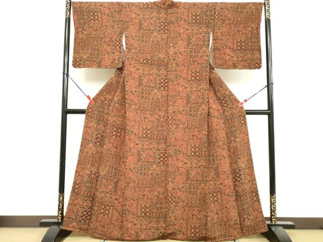 平和屋着物■上質な小紋　更紗花文　鬼しぼ縮緬　正絹　逸品　未使用　DABF9942cd
