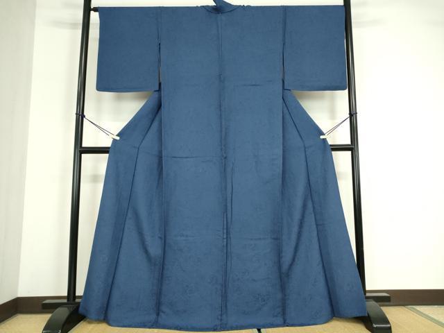 平和屋着物▽上質な色無地　単衣　小花地紋　紺色　正絹　逸品　DABG0026az