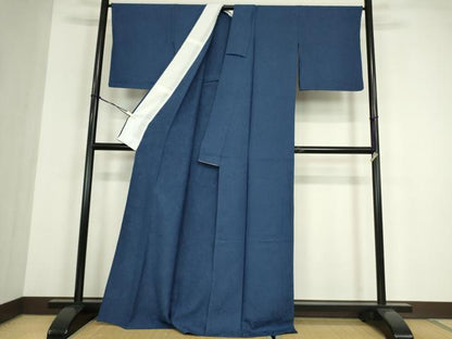 平和屋着物▽上質な色無地　単衣　小花地紋　紺色　正絹　逸品　DABG0026az