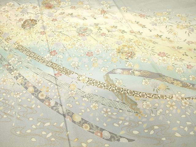 平和屋着物▽訪問着　単衣　雪輪枝垂れ桜文　暈し染め　金彩　正絹　逸品　DABG0040az