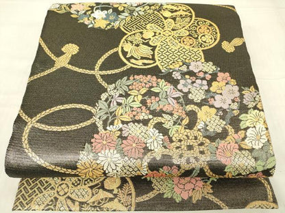 平和屋着物▽西陣　紋屋井関　御寮織　六通柄袋帯　スリーシーズン　春夏秋　紐花文　金糸　ますいわ屋扱い　正絹　逸品　DABG0049az