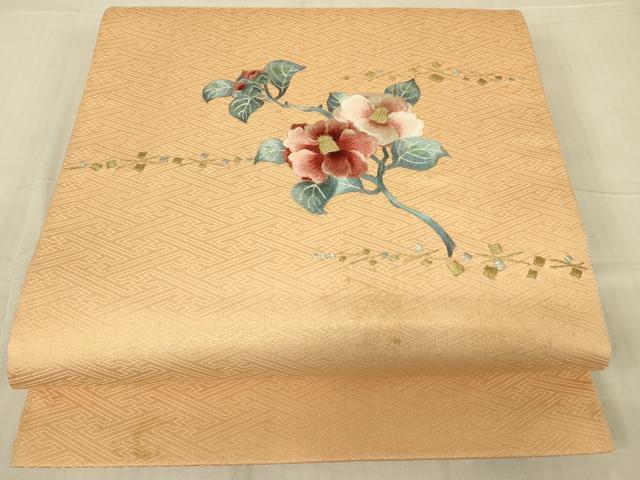 平和屋着物▼総刺繍　太鼓柄袋帯　枝花文　金通し地　正絹　逸品　DABG0070az