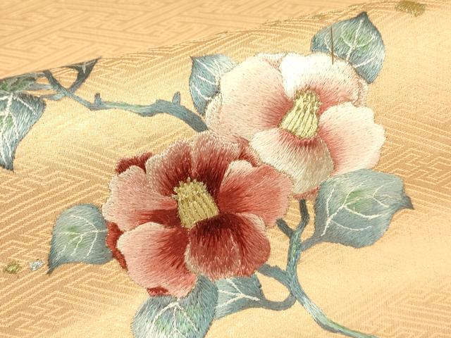 平和屋着物▼総刺繍　太鼓柄袋帯　枝花文　金通し地　正絹　逸品　DABG0070az