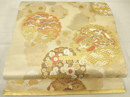 平和屋着物▼六通柄袋帯　唐俑箔　宝尽くし雪輪重ね飛鶴文　金糸　正絹　逸品　DABG0125az