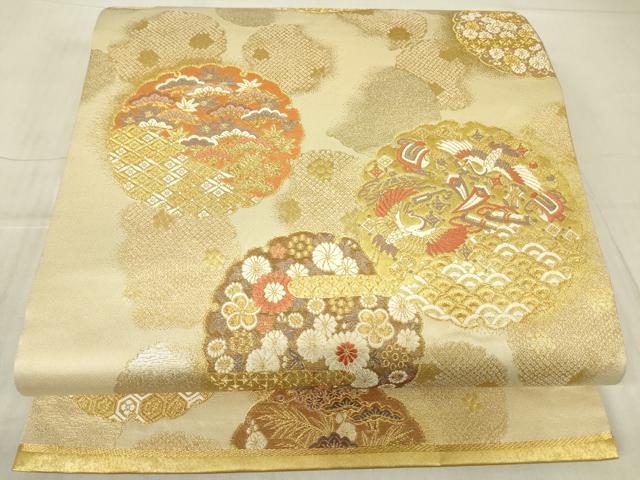 平和屋着物▼六通柄袋帯　唐俑箔　宝尽くし雪輪重ね飛鶴文　金糸　正絹　逸品　DABG0125az