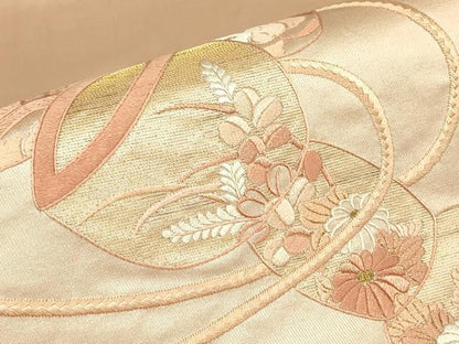 平和屋着物▼総刺繍　太鼓柄袋帯　紐花文　金糸　正絹　逸品　DABG0145az