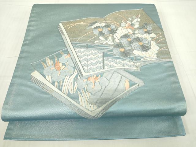 平和屋着物▼総刺繍　太鼓柄袋帯　冊子花文　金糸　正絹　逸品　DABG0171az
