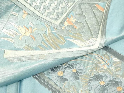 平和屋着物▼総刺繍　太鼓柄袋帯　冊子花文　金糸　正絹　逸品　DABG0171az