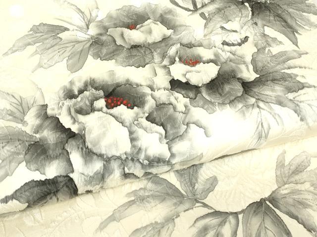 平和屋着物▼六通柄袋帯　牡丹文　ふくれ織　手描き　正絹　逸品　DABG0184az