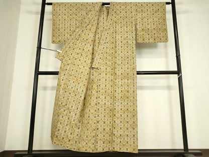 平和屋着物▽上質な紬　単衣　菱繋ぎ　正絹　逸品　DABG0210az