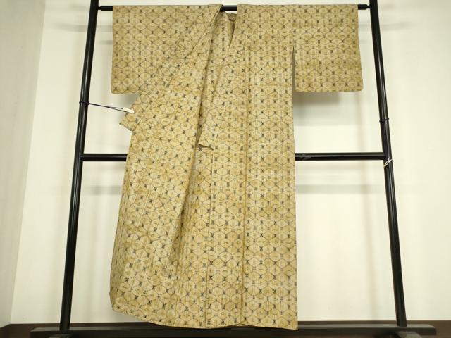 平和屋着物▽上質な紬　単衣　菱繋ぎ　正絹　逸品　DABG0210az